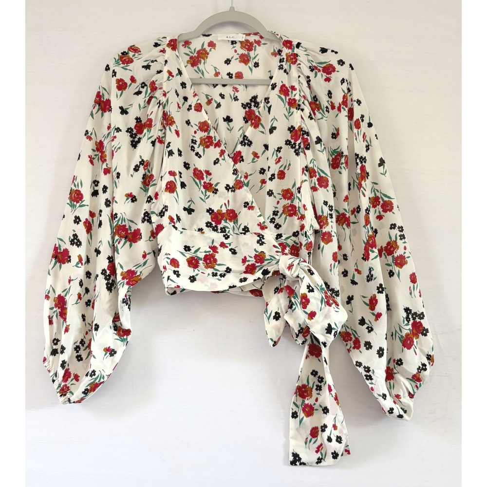 ALC Floral Wrap Top White Red Black Puff Sleeve V-Neck Blouse Size 0